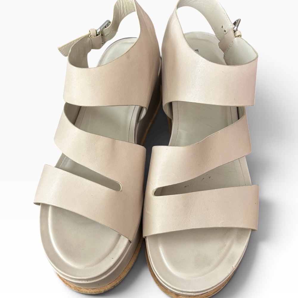 Elvio Zanon Beige Leather Platform Wedge Sandals Buckle Slingback Size 41